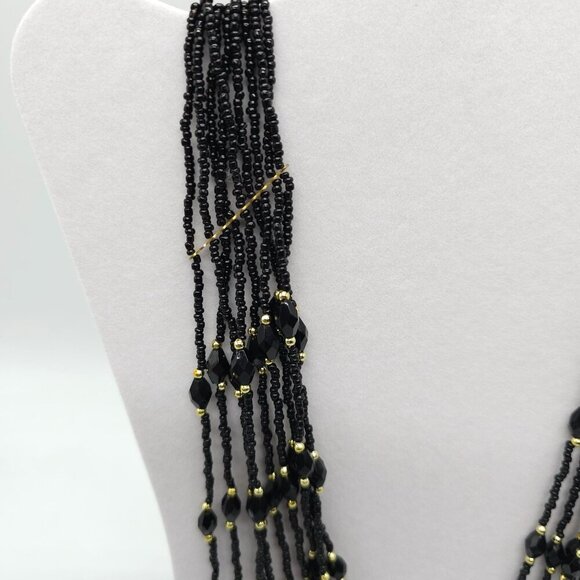 Multi Strand Black Seed Bead Necklace With Faceted Accents And Gold Tone Clasp - Picture 2 of 6